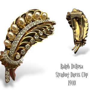 Rare R. DeRosa Sterling Feather Art Deco clip dress, pearls, crystals & enamel-elaborate feather design that look of the real jewel Art.75/7