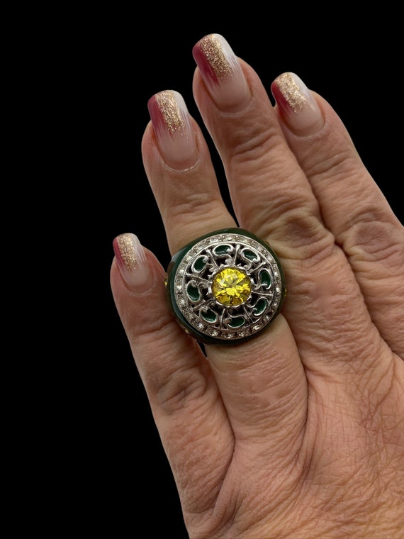 Showy large solid Ring 925 silver - enamel & crys… - image 3