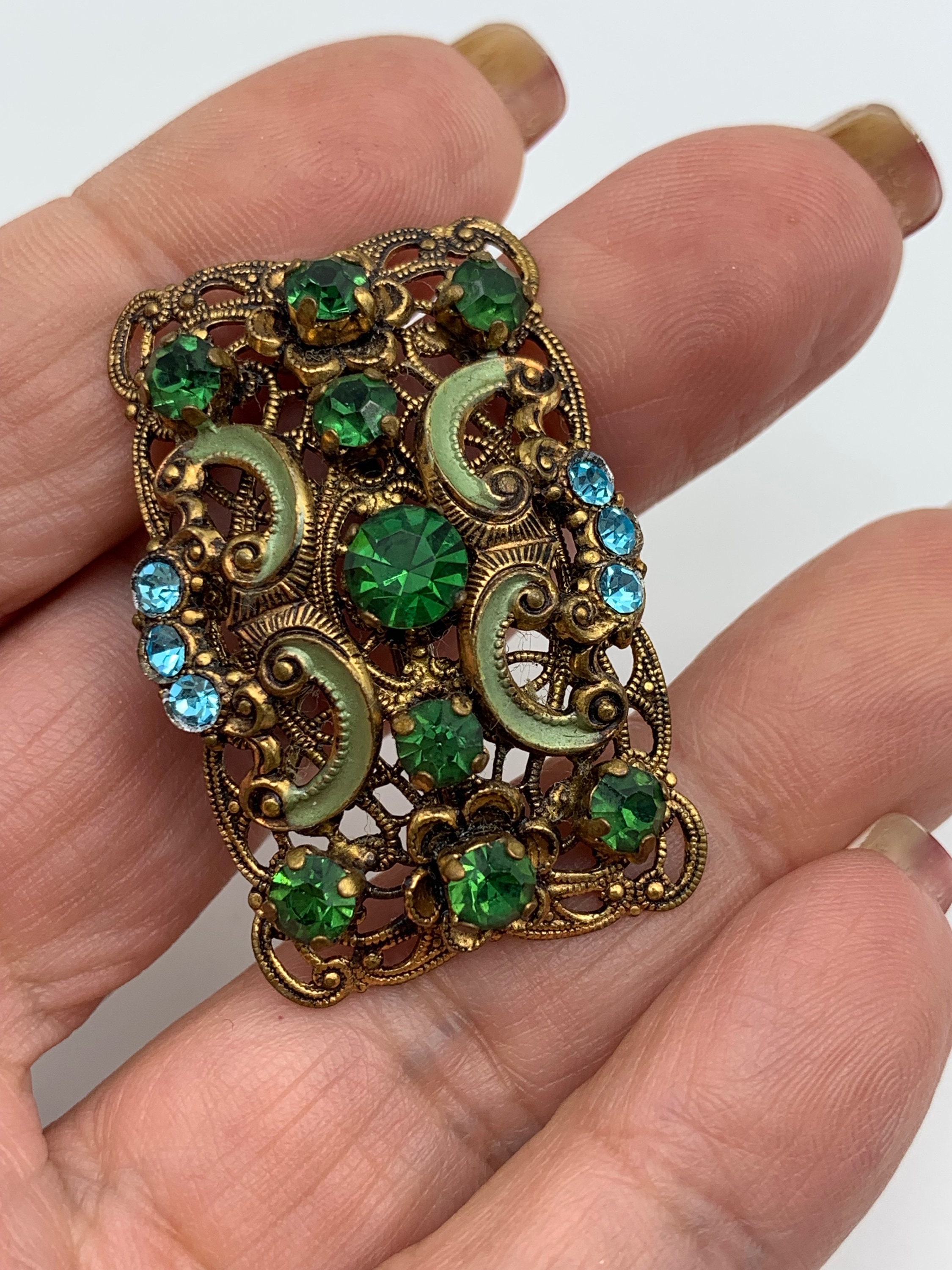 【海外 正規品】 CZECH DECO Art Vintage 1950 Green Rhinestone/enamel Blue and アクセサリー