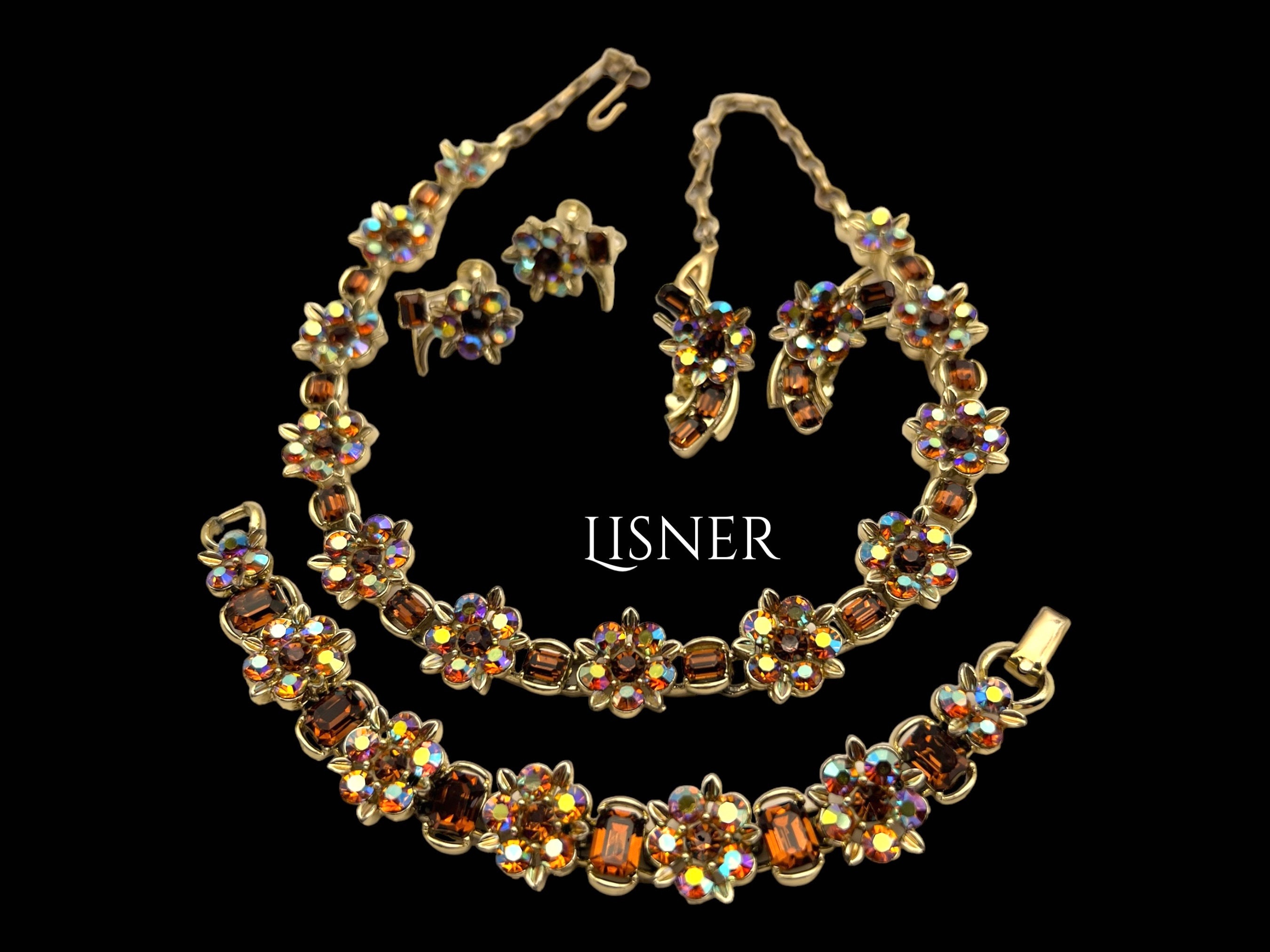 1950s  rare Lisner Book Piece Smoked Topaz Rhinestone Flower Necklace,Bracelet,2 style Earring Set- GORGEOUS  highly collectible -Art.103/4-