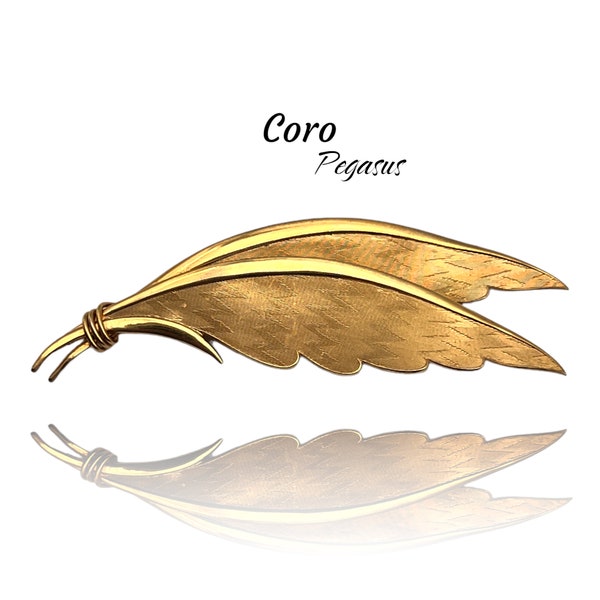 Large Coro Pegasus Brooch Pin, Gold Textured Curved Leaf/Feather Wings, Vintage 1940s Mid Century Designer Signed -art.172/4  -