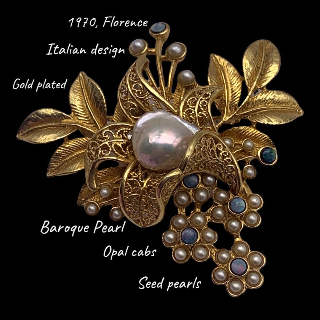 Broche Vintage Bouquet Perles De Rocaille Bleu Laiton - Bijou Floral Occasion Bon état