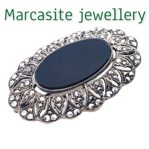 Broc Ancienne En Argent Massif, Décor Marcassite Et Onyx - Bel état, Sans Manque