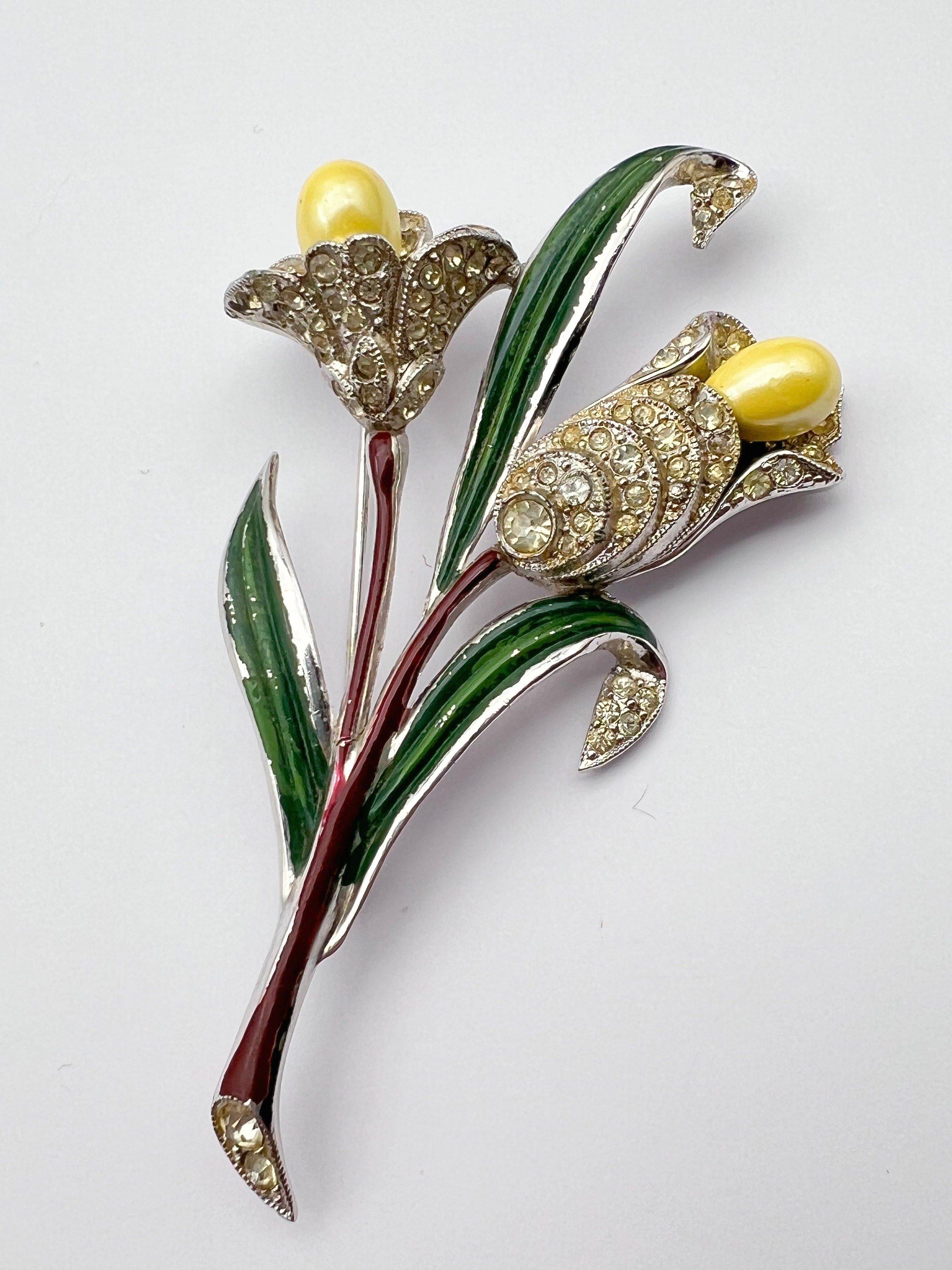 Rare 1940s Coro Unsigned Large Tulip Flowers Bouquet Rhinestones