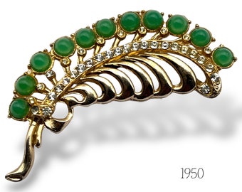 1950s Ancient and large brooch - jewel grandmother's,feather/leaf precious in gold, crystal and jade - the charm of the old jewel-Art.446/2-