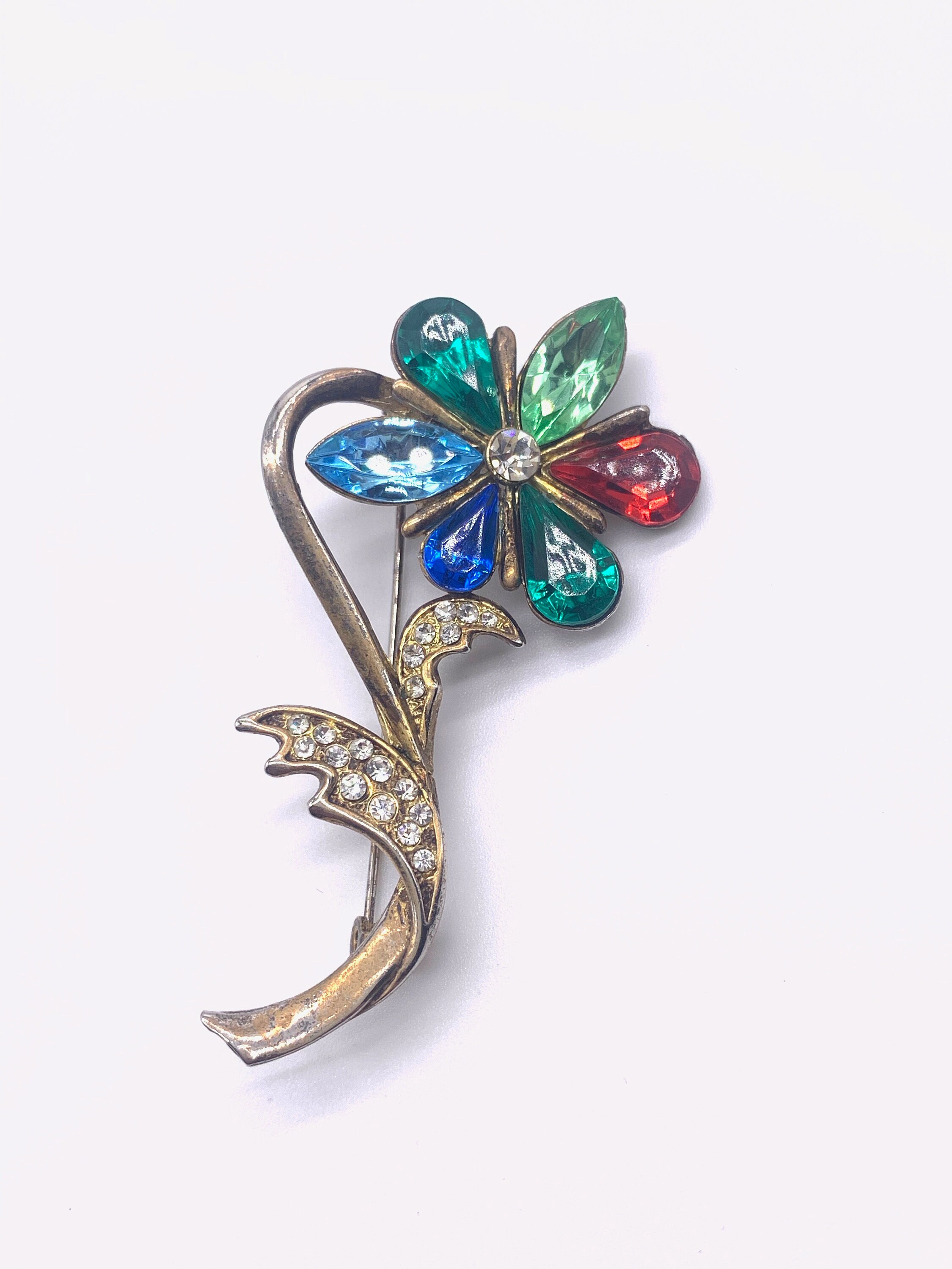 Broche Ancienne Vintage – Pierre Ronde – Motif Fleurs Peint Main – Numéro 652