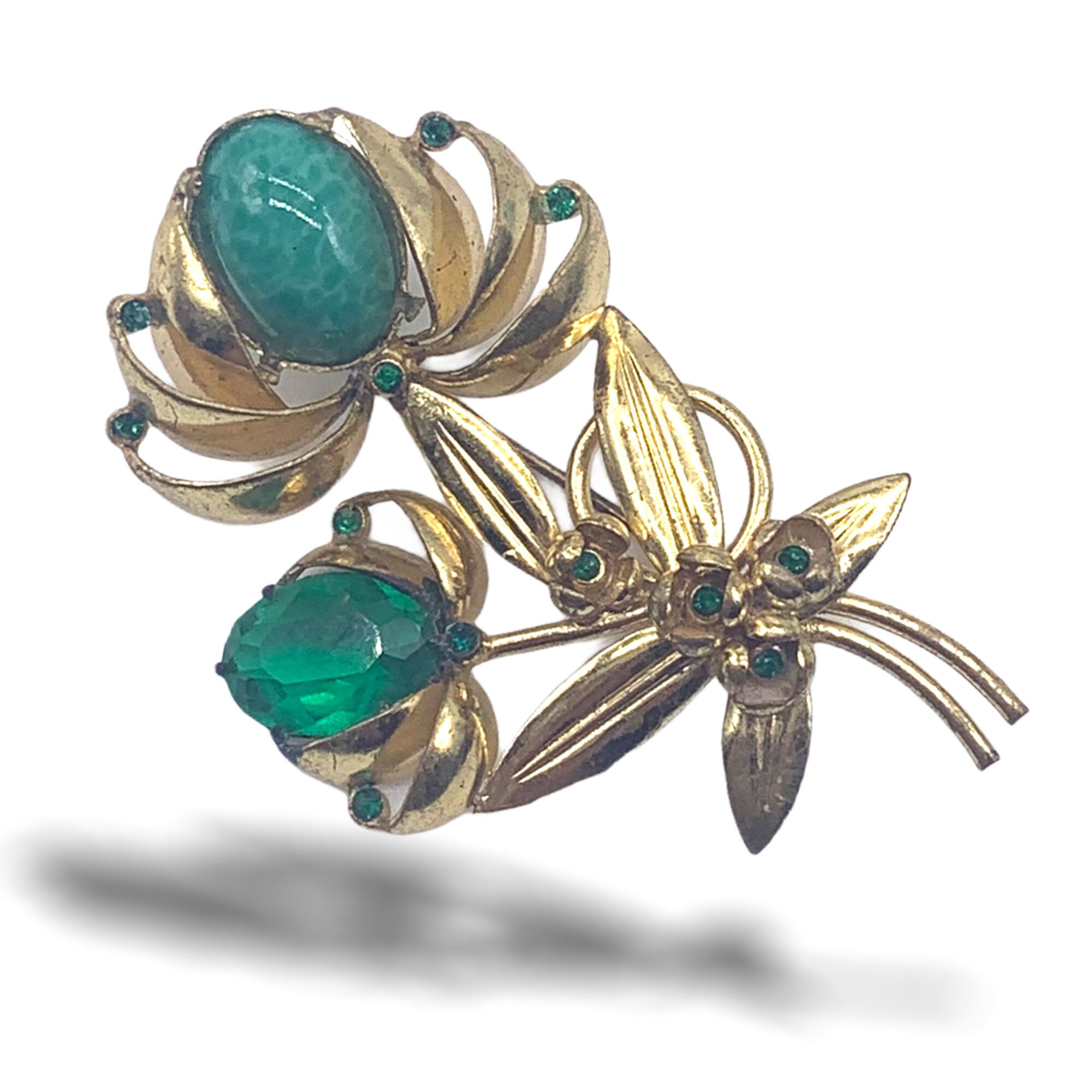 チェコスロバキア製 アンティークゴールド仕上げ グリーンクリスタル