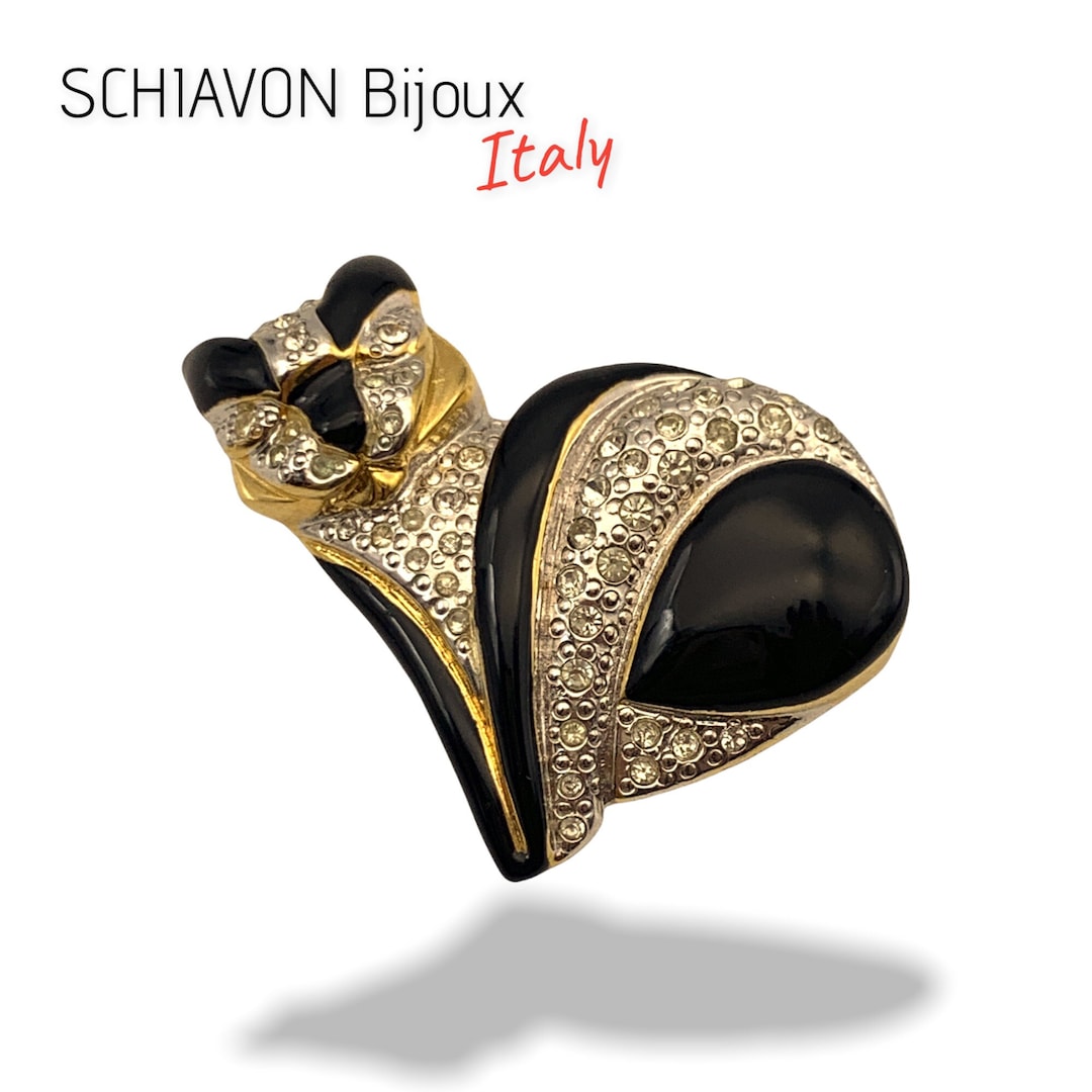 Vintage Gold Tone Signed SCHIAVON BIJOUX Rhinestones Black Enamel