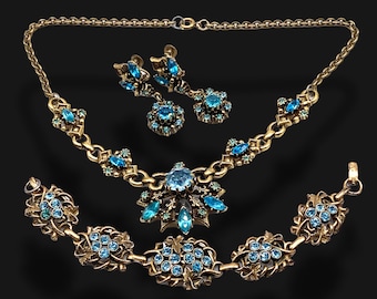 Early Coro blue Rhinestones Floral demi Set  - Necklace Bracelet Earrings High-end of abt 1945s  - CORO Parure in Original Box - art.300/4-