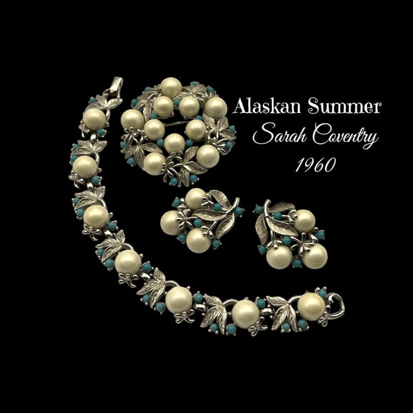 Exquisite Pearl Turquoise Jewelry Set Book Piece Alaskan Summer Set Signed Sarah Coventry - bracelet, brooch & earrings set  art.611/4