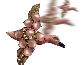 Amazing antique figural bird/goose in flight Brooch-lush cab in pink Moonglow Lucite & dazzling clear paste on lovely pink enamel-Art.128/5