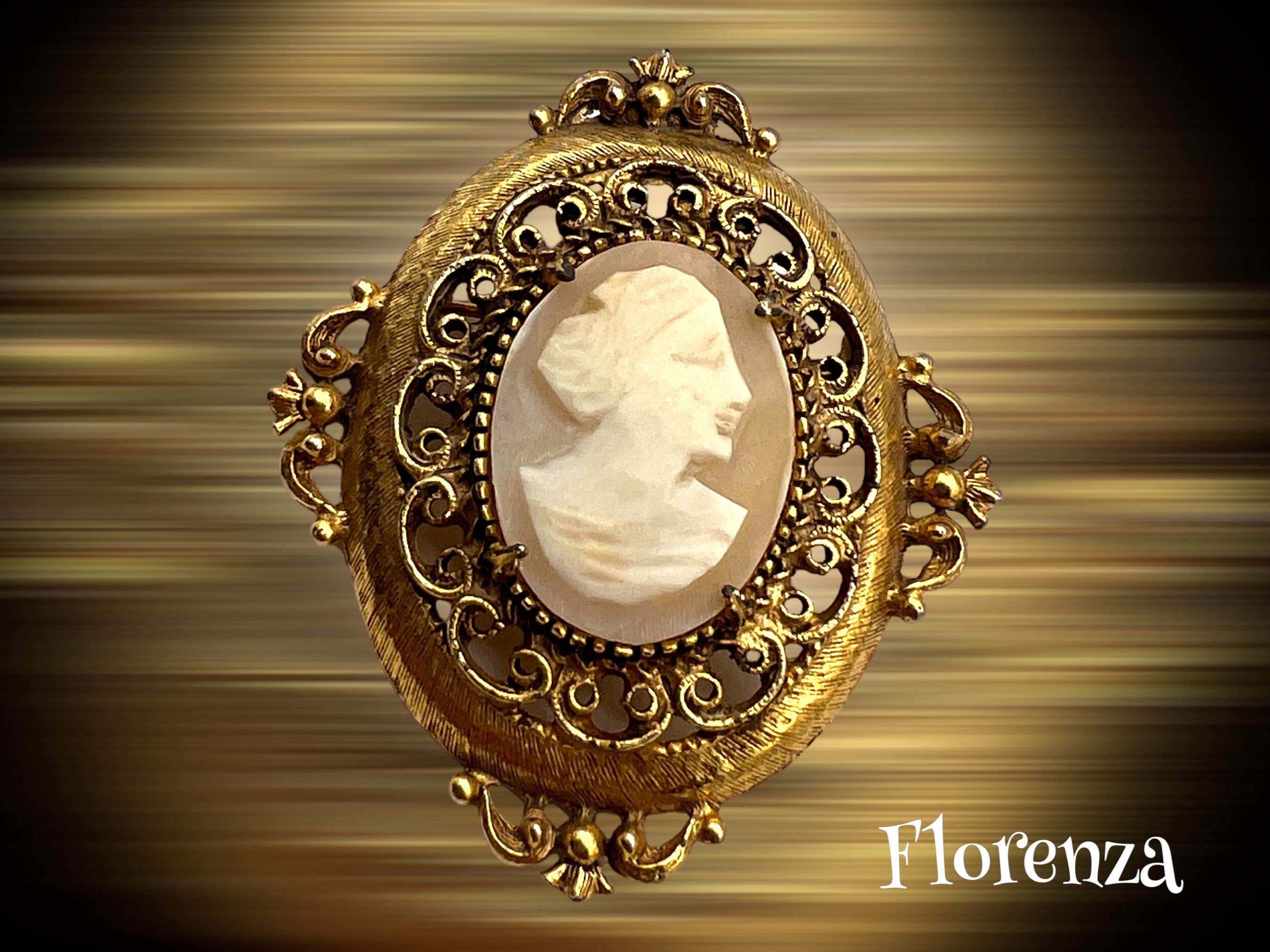 Florenza Signed Genuine Shell Carved Cameo Portrait Pin - Large