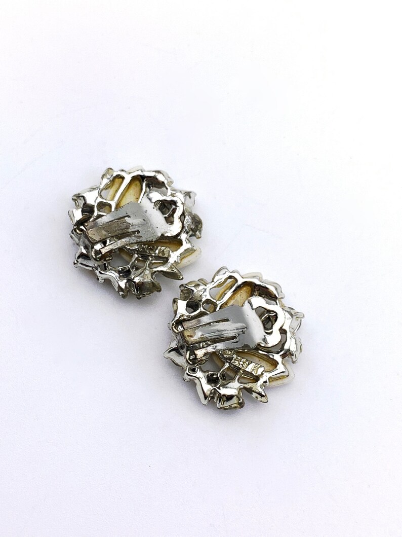 Late 1950 © B.S.K. white chalk aurora borealis marquise rhinestones silver leaves clip Earrings Designer Signed White Colors.Art.639/4 image 7