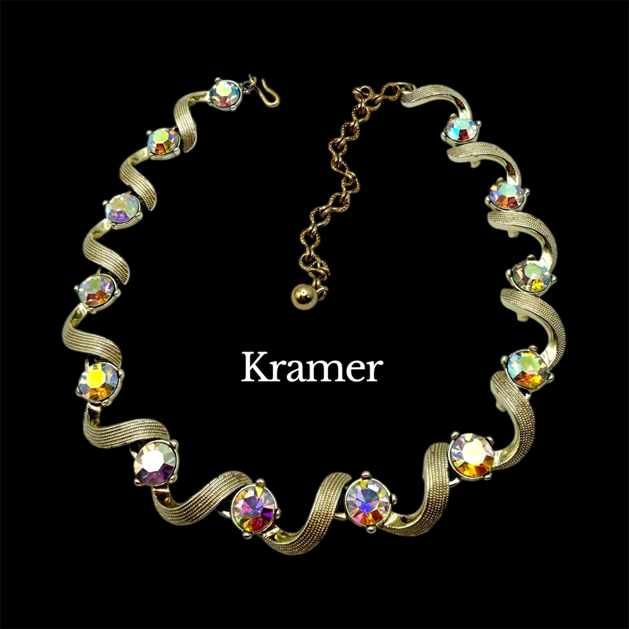 Vintage Kramer Choker Necklace Wavy Links Aurora Borealis