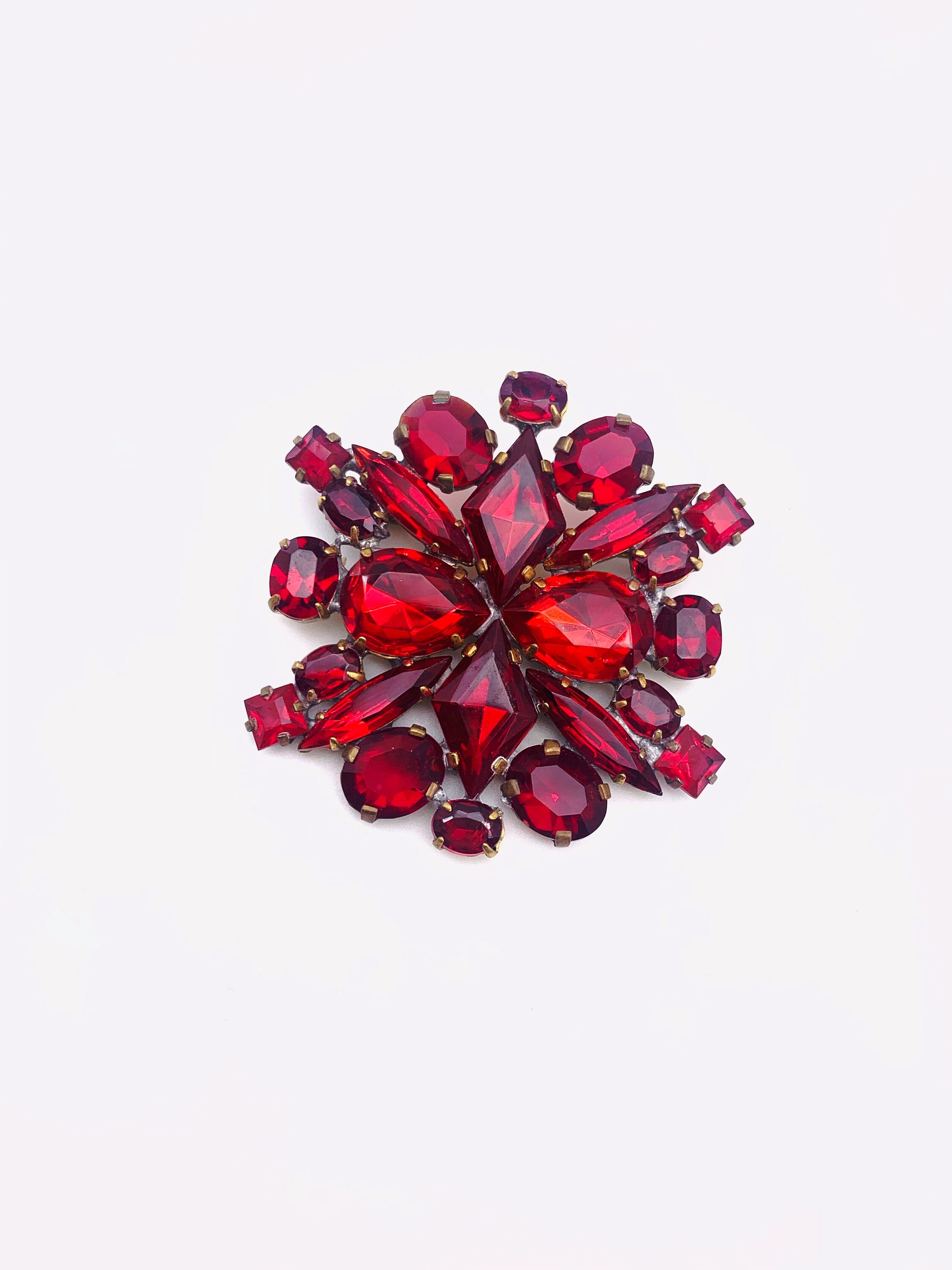 Super Sparkling CZECH Vtg Vibrant Red Glass Brooch - Unfoiled