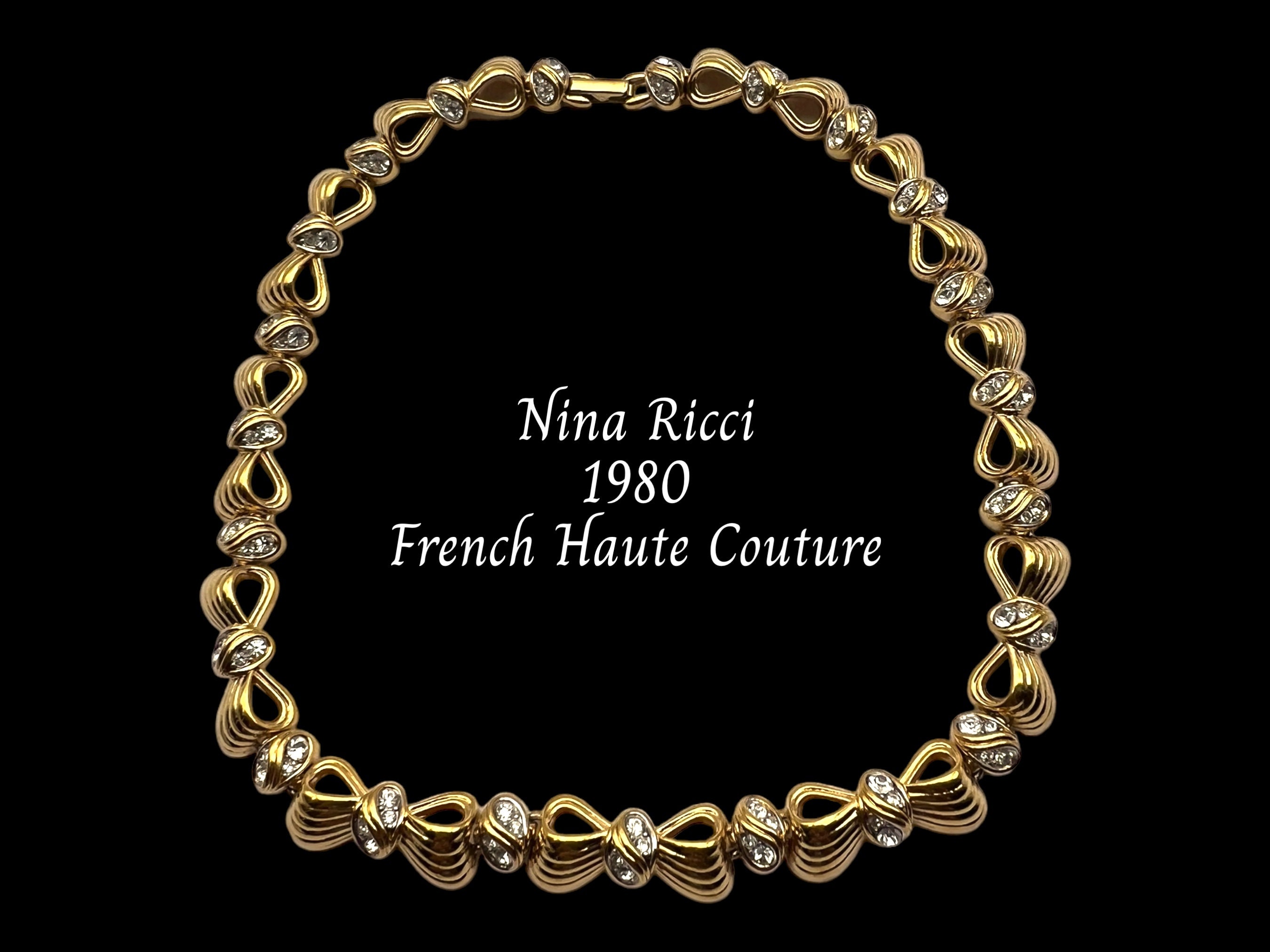 Vintage Nina Ricci Signed Gold Plated Choker bows Link with faux diamonds Necklace, 1980's high-end fashion-Art.176/7