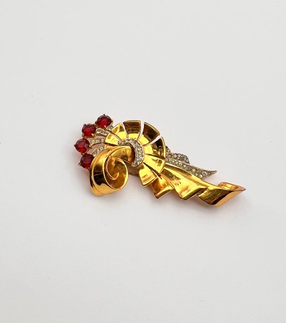 Rare Corocraft Sterling Gold Pave and Ruby Floral… - image 9