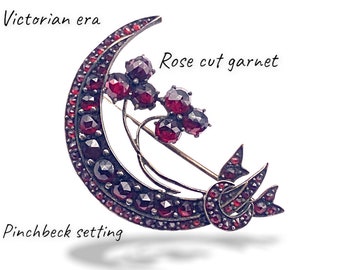 Antique Bohemian rose cut Garnet Crescent Moon & spray flowers w/bow Brooch - authentic Victorian beauty c. 1880s -Art.703/5
