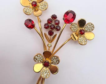 Broche Ancienne Fine - Plaqué Or Avec Strass Style Rubis - État Correct - Sans Marque