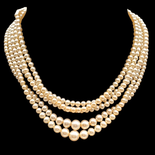 Collier de perles simulées multirangs signé Japon des années 50 dans un lustre ivoire exquis -- Art.377/5