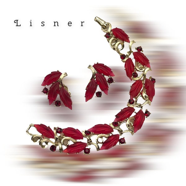Vintage 1950's LISNER Red  Leaf Thermoset Rhinestone Bracelet and earrings set - a wonderful Christmas gift!  - Art.483/6