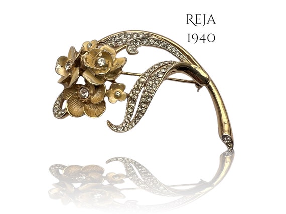 REJA Vtg Flower Brooch Early 40s Gold Rhodium Plate Elegant Floral Design Clear Diamante Rare Reja Brooch Art.173 7 Etsy UK