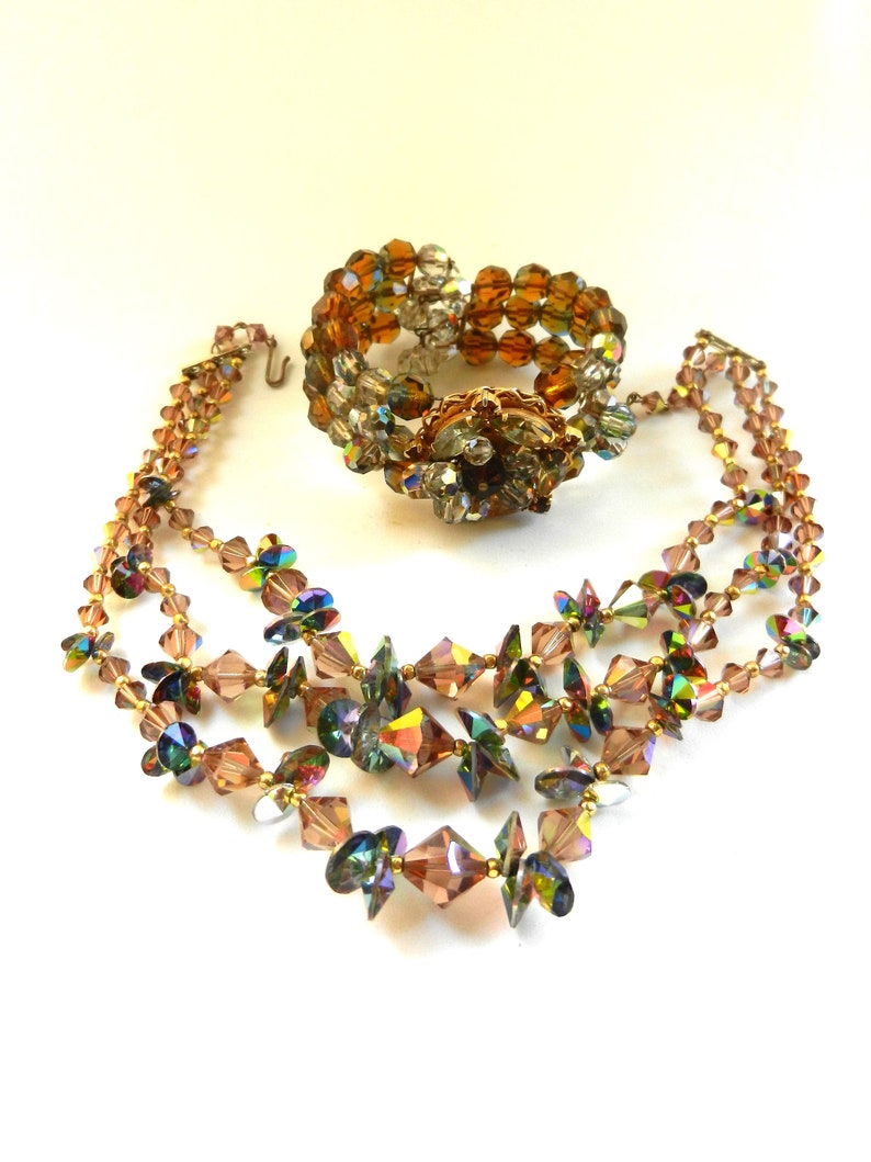 Aurora Borealis Beaded 3 strands cascaded necklace and Wraparound Bracelet set Art.2445 demi-set collectibles