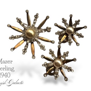 Mazer Sterling Vermeil Rhinestone Faux Pearl Starburst Brooch and Earrings Set - Mazer book piece - Art.929/6