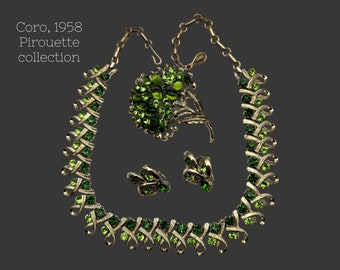 CORO (Pegasus) Demi-Parure "PIROUETTE" 1958 vintage Necklace, earrings & brooch set - sparkling green shade  -Art.858/6