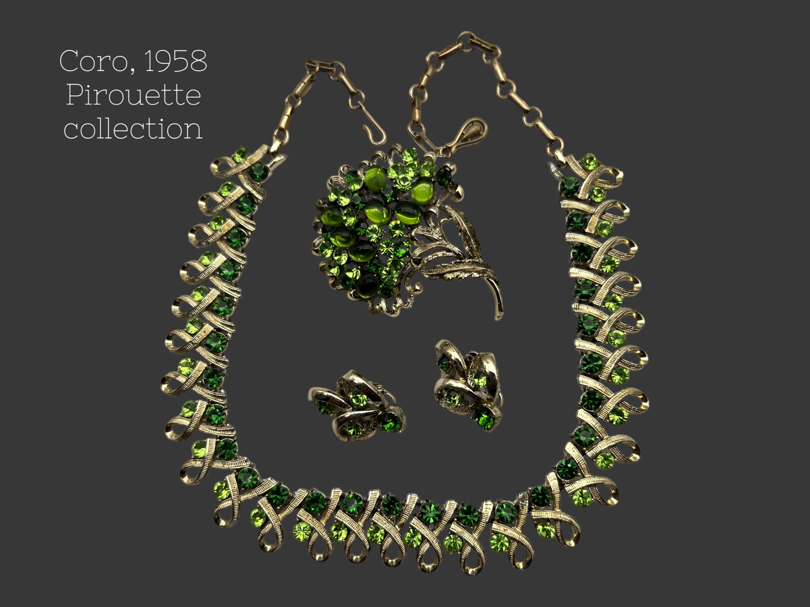CORO (Pegasus) Demi-Parure "PIROUETTE" 1958 vintage Necklace, earrings & brooch set - sparkling green shade  -Art.858/6