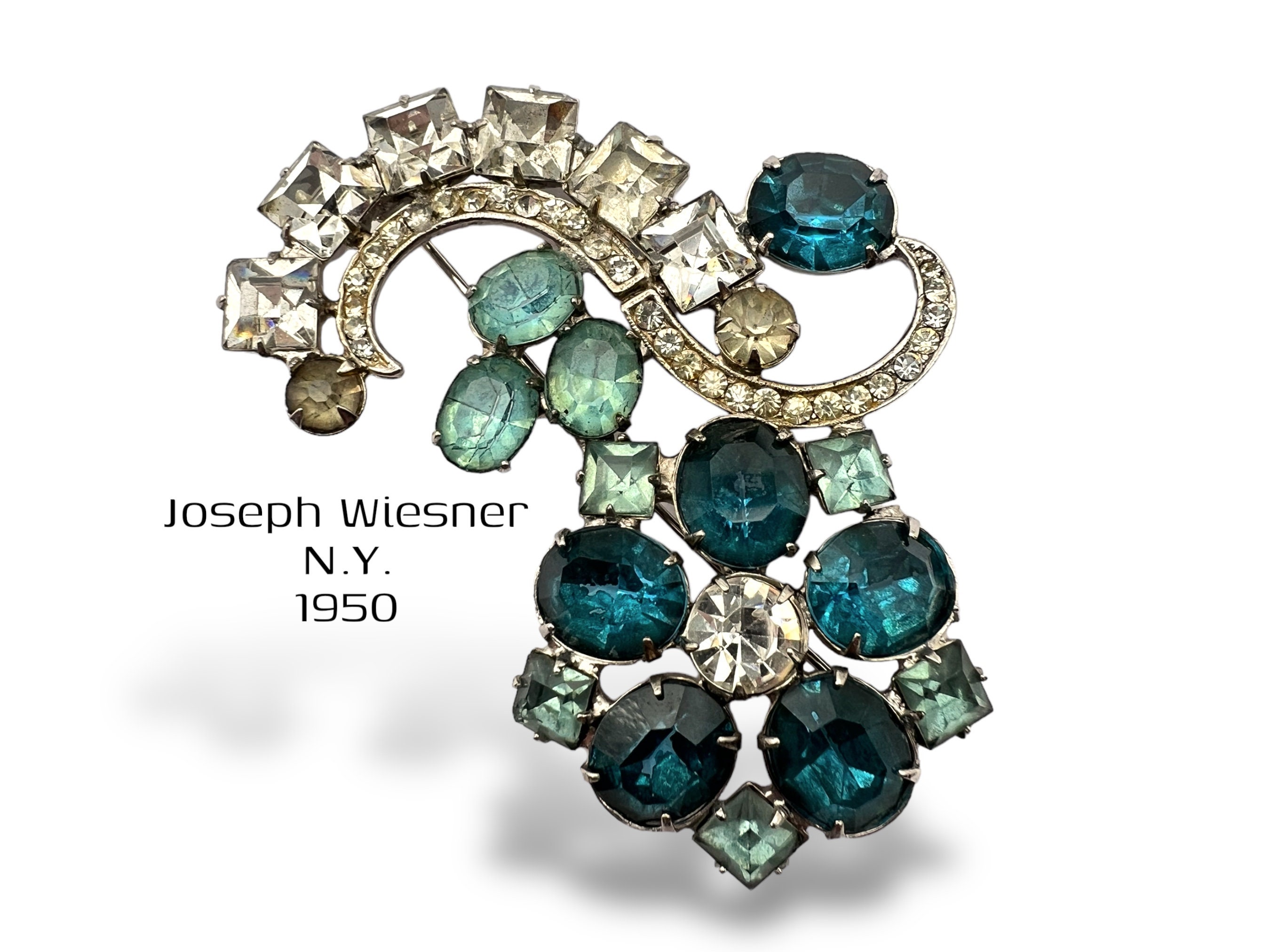 Vintage Signed Joseph Wiesner Deco Pin- Aqua and Clear Rhinestone