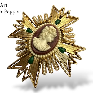 Great  ART© Arthur Pepper Brooch/Pendant molded Cameo, seed pearls w/jade accent- elegant Cross design - rarity by ART -art.853/6