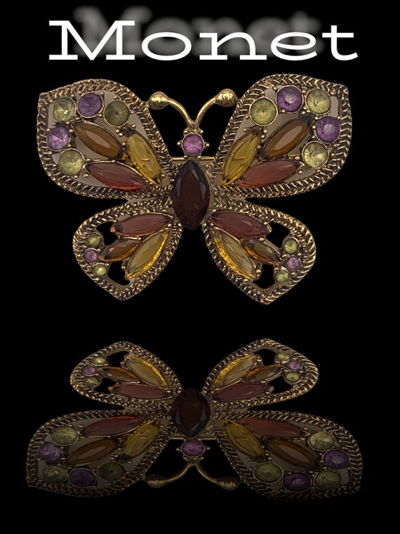 Vintage Signed Monet Jeweled Gold Tone Butterfly … - image 1