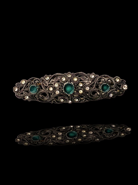 Exquisitely elegant ancient European collar/bar/brooch in solid 800 silver with clear sparkles crystals and green emerald enamel-Art.346/5
