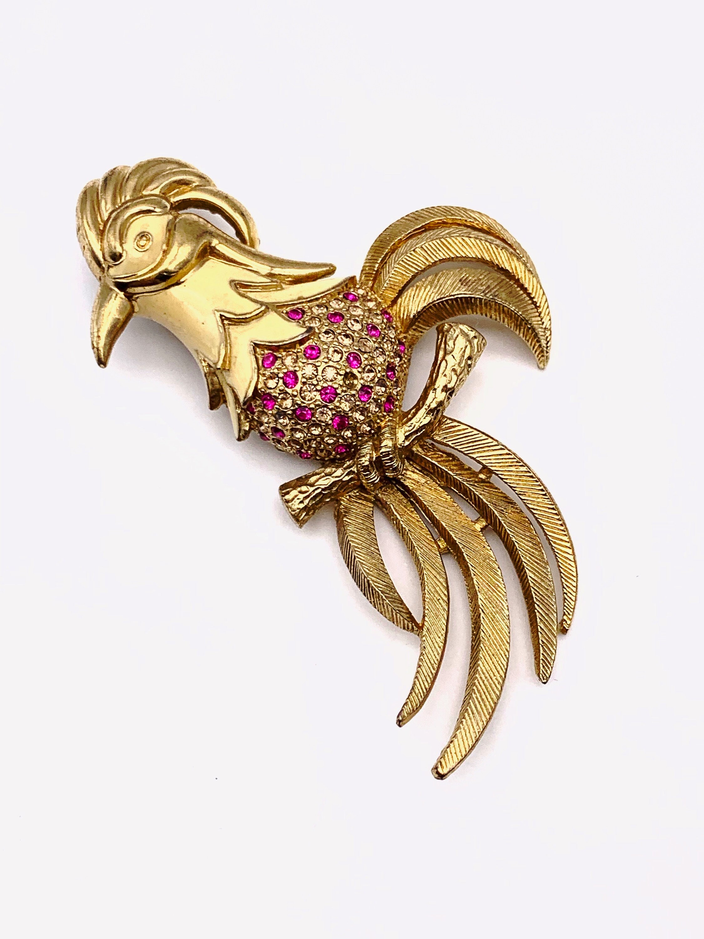 Broche Oiseau En Métal Doré émaillé Rose Et Blanc Pailleté – Bijou Fantaisie Neuf
