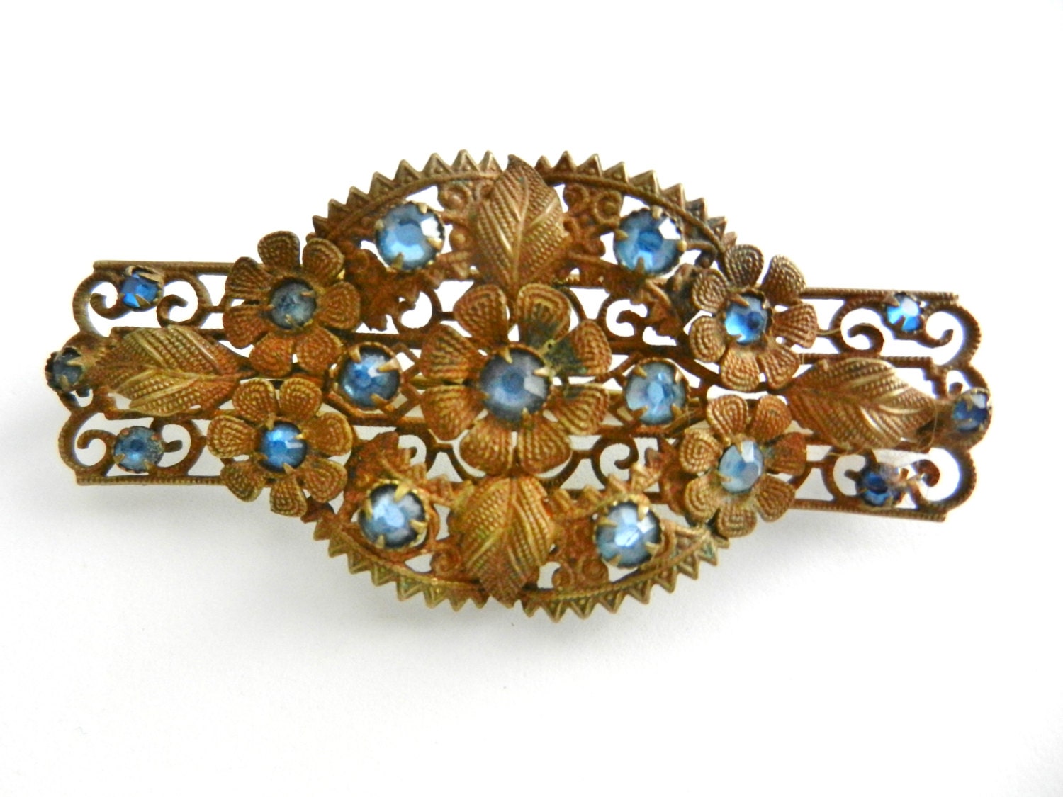 Vintage Art Deco Czecho Brass Filigree Rhinestones Round