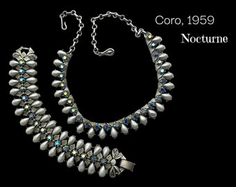 CORO (Pegasus) Demi-Parure "NOCTURNE"  Necklace & Bracelet set - sparkling AB blue of chatons and silver tone setting -Art.897/6