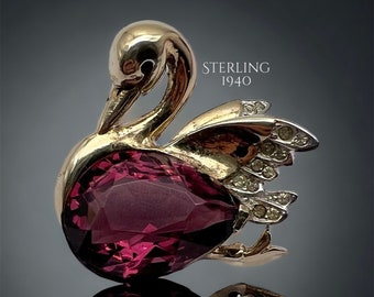 Vintage Sweet Darling  Sterling vermeil purple stone Swan Brooch - 1940 retro brooch for collection - Art.135/7