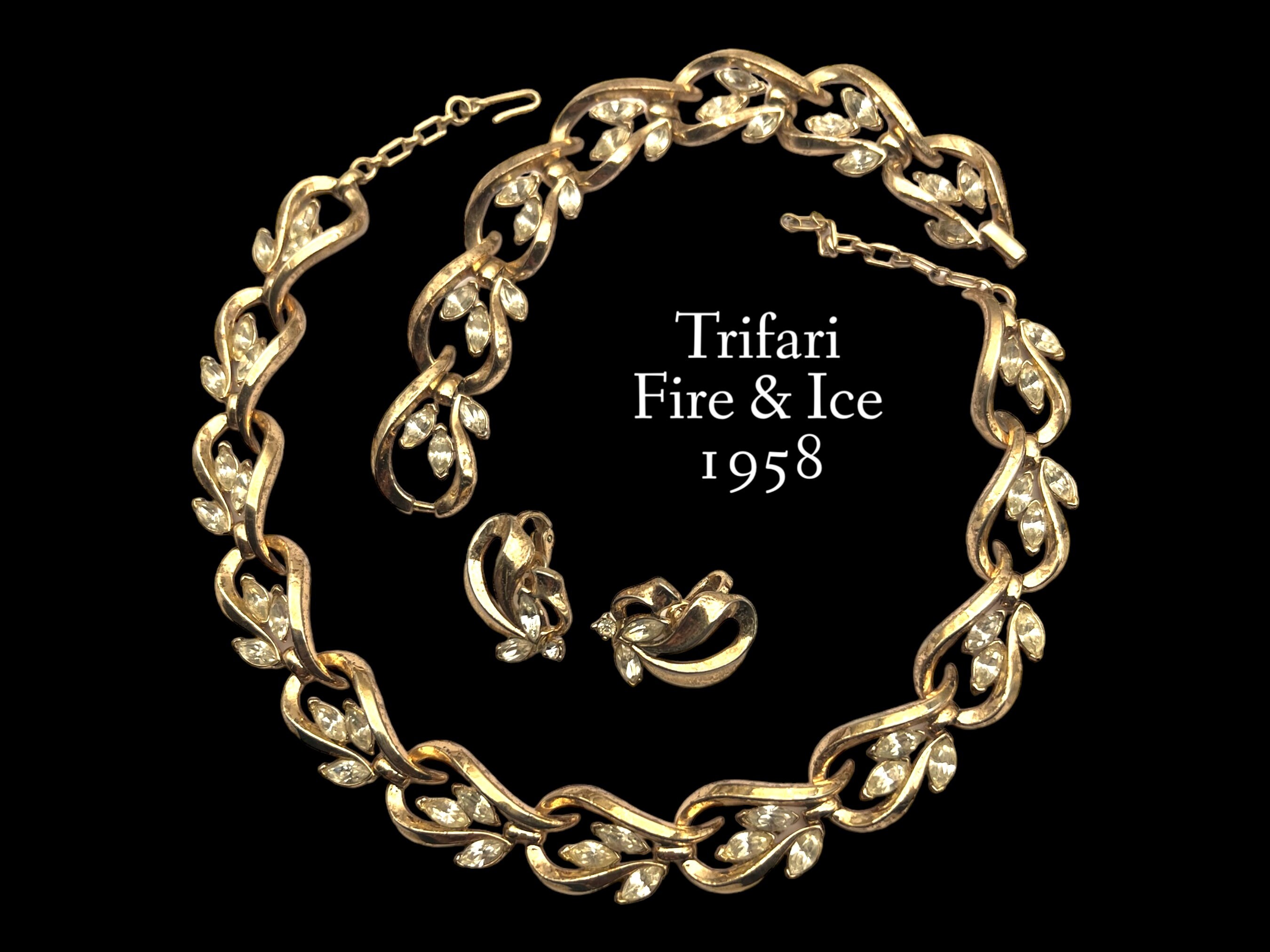 Vintage Trifari Rhinestone Jewelry Set: Gold Trifanium Necklace