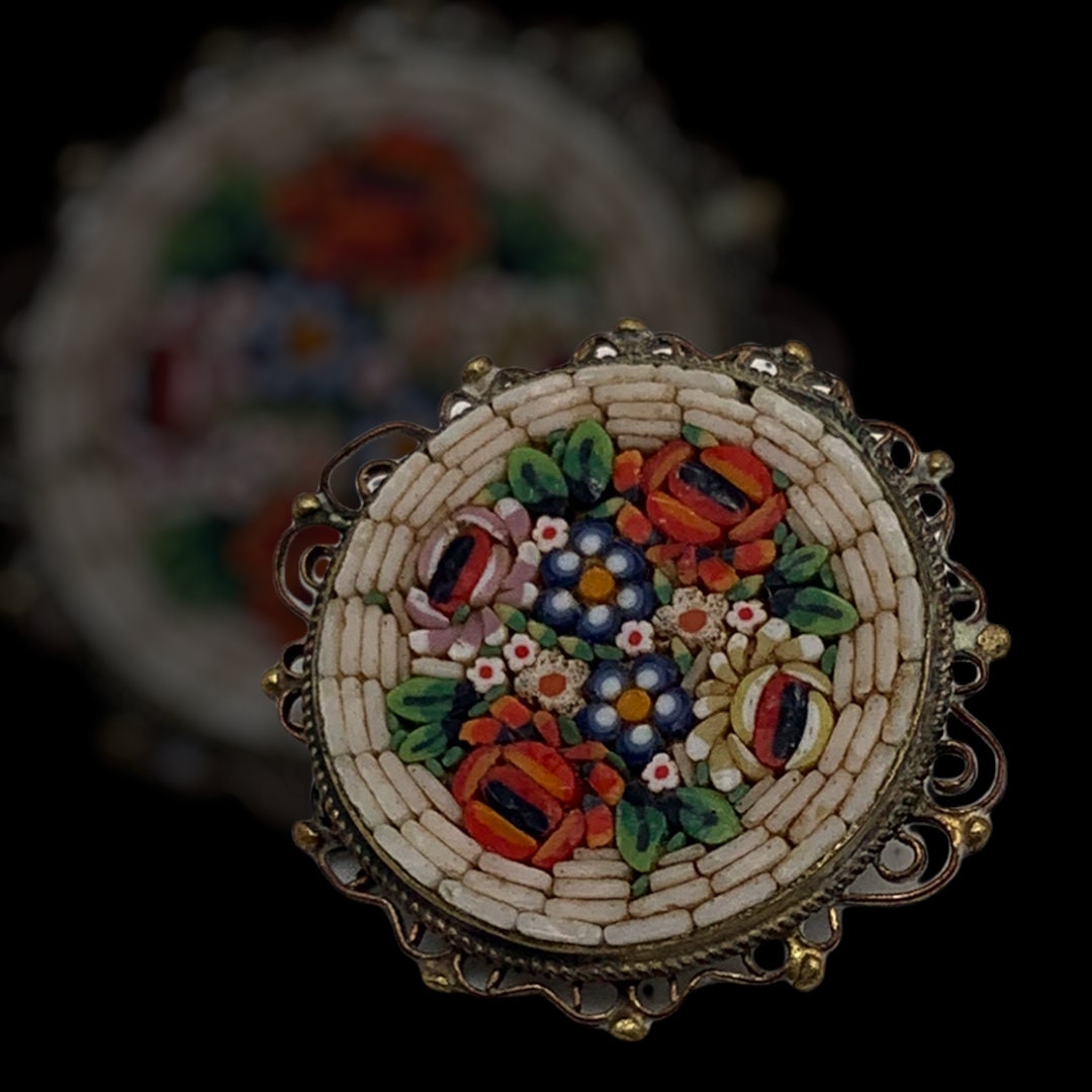 Broche Vintage Micro Mosaïque Géométrique Fleurs Signée Italie - Occasion