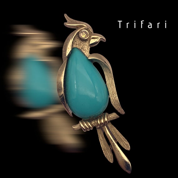 Trifari Bird Pin Brooch in Turquoise, Tonic Brushed and Polished