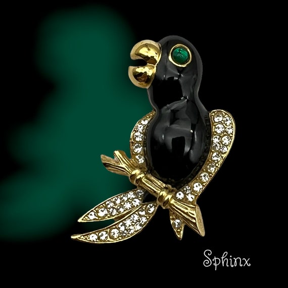 SPHINX Jeweled Parrot bird figural pin Glossy bla… - image 2