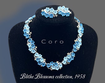 Super Coro  "BLITHE BLOSSOM" collection - blue flowers  lucite necklace & earrings silver set- AD Coro jewellery - Art.848/6