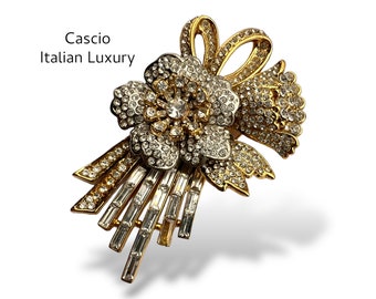 Bijoux CASCIO superb floral brooch inspired by Gilded Glamour era covered w/clear crystals - Italian luxury for collection-Art.982/5