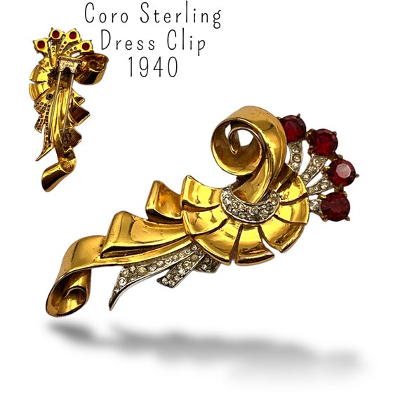 Rare Corocraft Sterling Gold Pave and Ruby Floral… - image 1