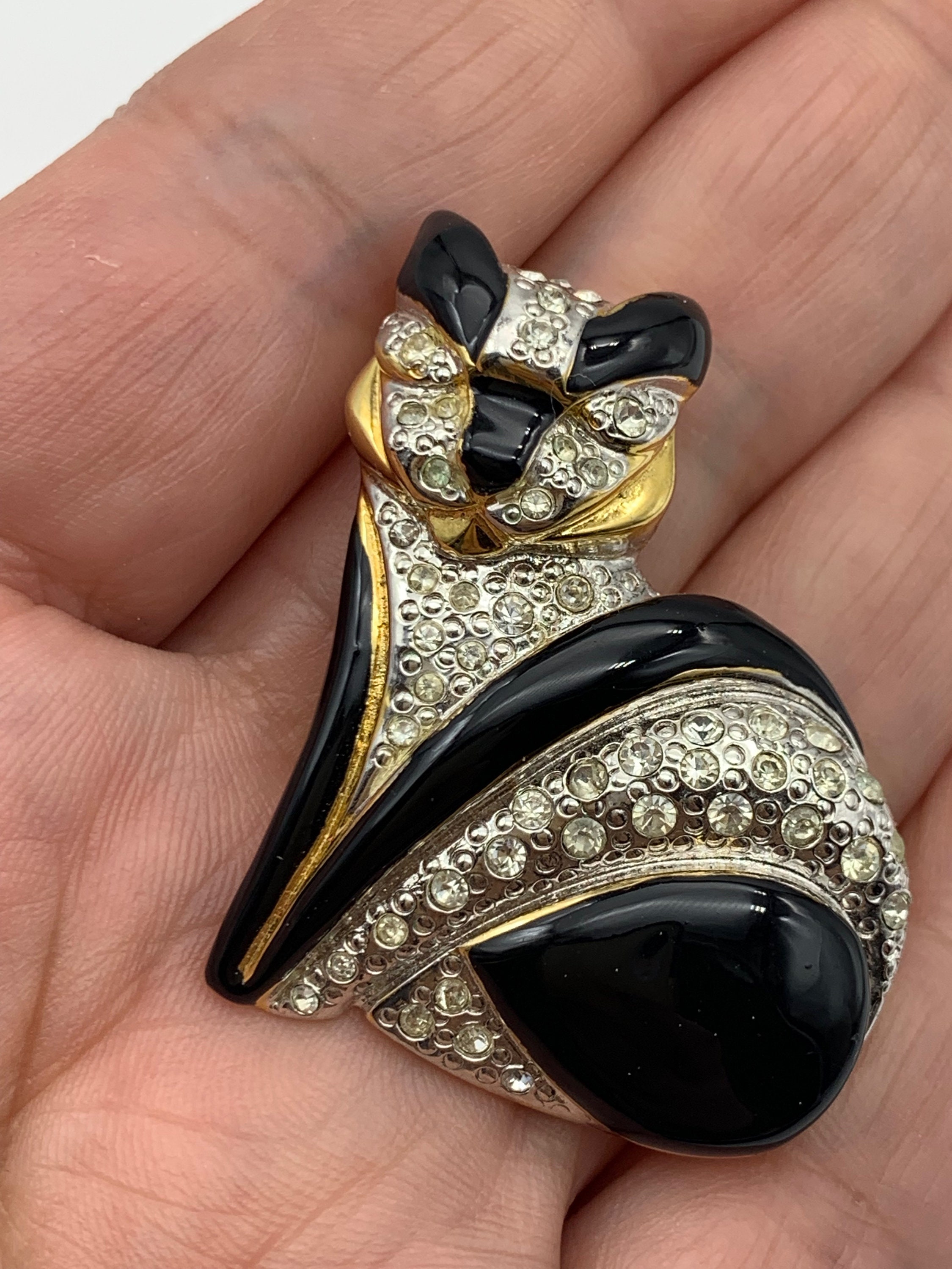 Vintage Gold Tone Signed SCHIAVON BIJOUX Rhinestones Black Enamel