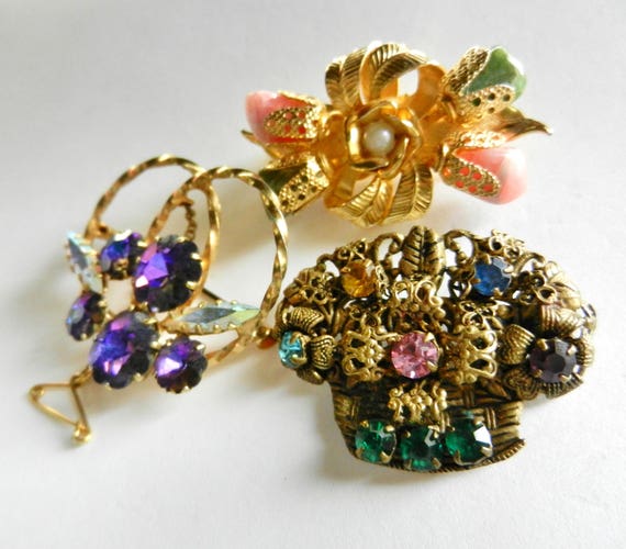 Broche Art Déco Vintage Dorée Avec Strass Et Pierres Semi-précieuses - Occasion Très Bon état