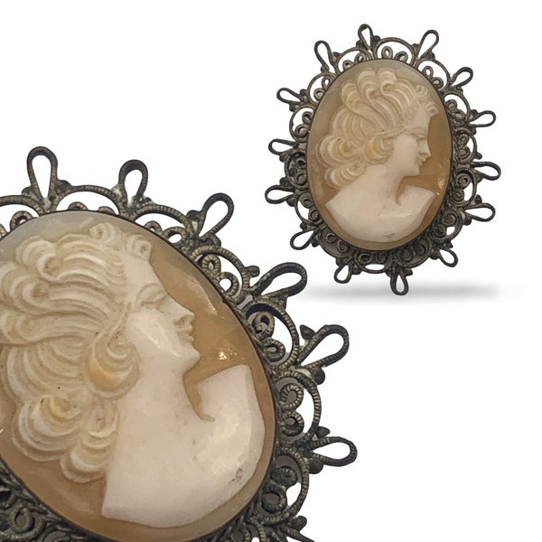 Zarte Hand geschnitzte Grand Tour Muschel Cameo Brosche / Anhänger mit silbernen filigranen Rahmen - Art.644 / 4 -