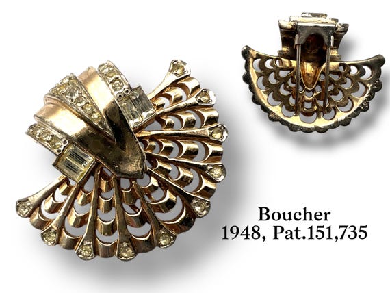 1948 MB Marcel Boucher Hallmarked and Numbered Fan Baguette & Round Clear Stones Fur Clip Vintage Figural Pin Brooch- Art.421/7