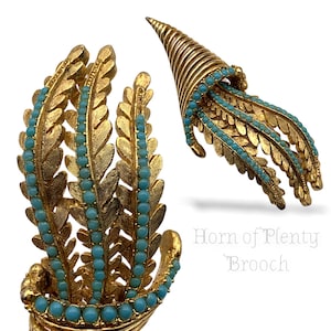 Beautiful Vintage  Aqua Cabs foliage Cornucopia Horn of Plenty Pin Brooch in brushed & shiny gold finish -- Art.157/6